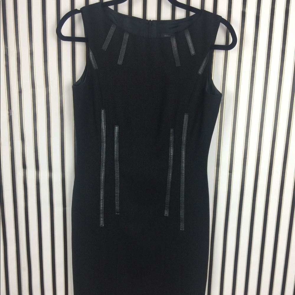 David Meister Black Leather Trim Sheath Dress